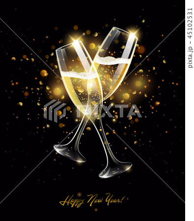 Sparkling glasses of champagne on black background, bokeh effect with sign Happy New Year Sparkling glasses of champagne on black background, bokeh effect with sign Happy New Year 45102531