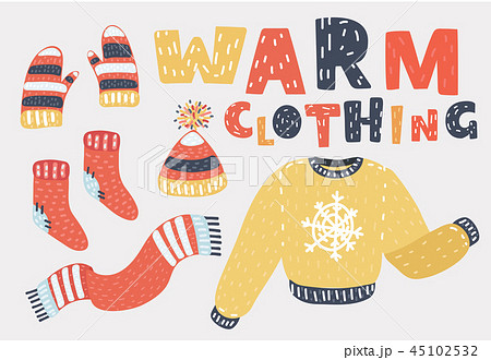 Set of winter warm clothes. Cold season clothing 45102532