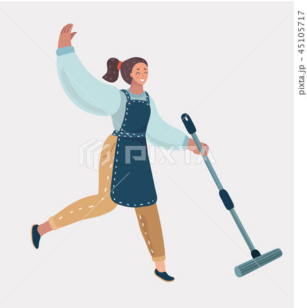 Cleaning lady with a mop. Cleaner woman in apron 45105717