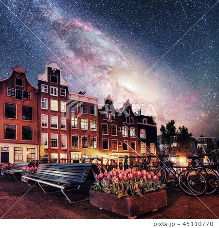 Beautiful calm night view of Amsterdam city. Photo greeting card 45110770