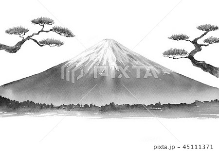 富士と松の木 水墨画 墨絵のイラスト素材