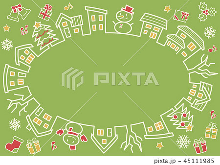 デフォルメした家と木の楕円サークル 線画着色あり 4色縛り黄緑背景クリスマスバージョンのイラスト素材