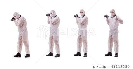 Forensic specialist in protective suit taking photos on white 45112580