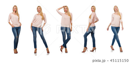 Pretty woman in blue jeans isolated on white Pretty woman in blue jeans isolated on white 45115150