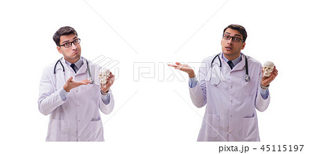 Yong male doctor with skeleton isolated on white Yong male doctor with skeleton isolated on white 45115197