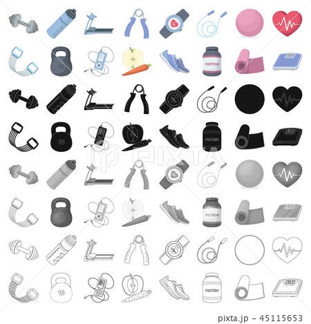 Jump rope, ball, scales other items for health.Gym And Workout set collection icons in cartoon style 45115653