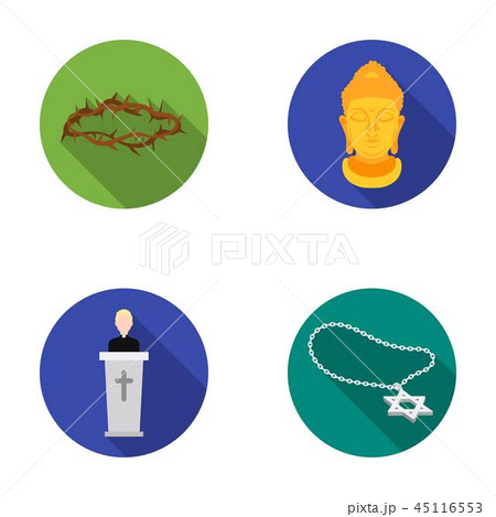 A crown of thorns, a star of David, a priest, a buddha's head. Religion set collection icons in flat 45116553