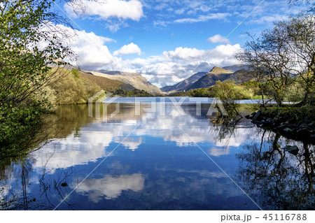 Reflections at Llyn Padarn with Dolbadarn Castle at Llanberis in Snowdonia National Park in 45116788