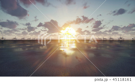 Plane takes off at sunrise or sunset background in slow motion. 3D Rendering 45118161