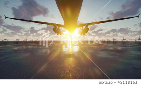 Plane takes off at sunrise or sunset background in slow motion. 3D Rendering 45118163