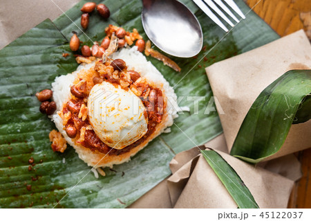 Simple authentic nasi lemak banana leaf breakfast 45122037