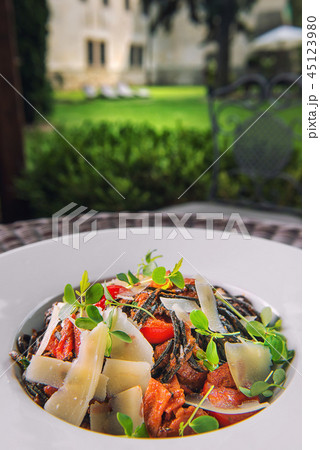 black italian pasta with tomato sauce and parmesan black italian pasta with tomato sauce and parmesan 45123980
