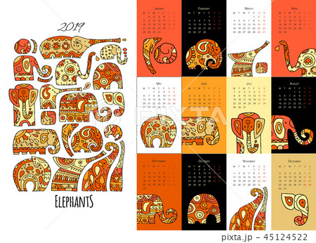 Ornate elephants. Calendar 2019 Ornate elephants. Calendar 2019 45124522