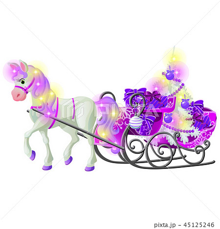 Christmas sketch with animated horse with a pink mane and hooves with a sleigh filled with gift Christmas sketch with animated horse with a pink mane and hooves with a sleigh filled with gift 45125246