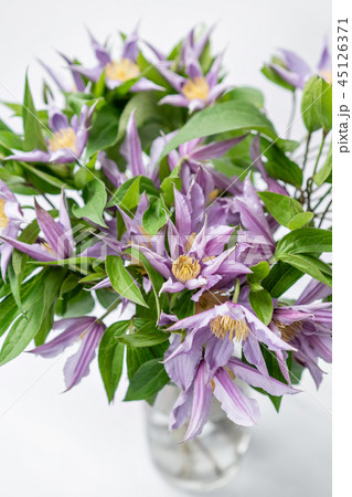 bouquet of lilac clematis flowers in glass vase. the work of the florist at a flower shop. A glass 45126371