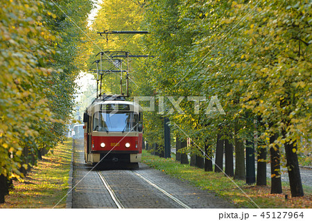 秋の紅葉を抜けるトラム/路面電車 - プラハ、 チェコ 45127964