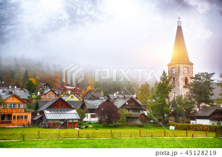 Sunny morning view of Altaussee village. Sunny morning view of Altaussee village. 45128219