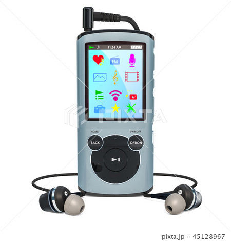 Digital audio player with earphones. 3D rendering 45128967