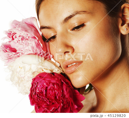 young beauty woman with flower peony pink closeup makeup soft te 45129820