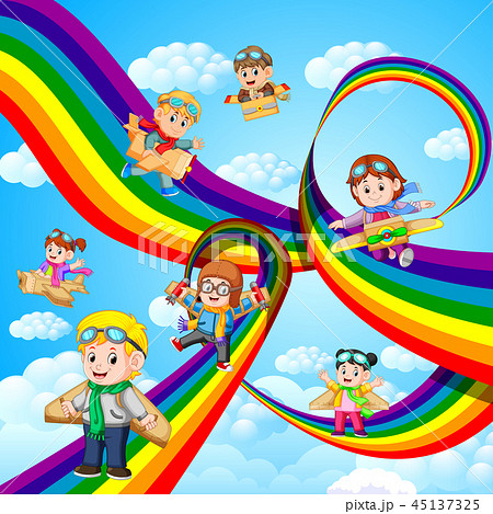 happy kids playing cardboard plane flying  45137325