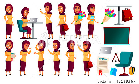 Teen Girl Poses Set Vector. Arab, Muslim. Fun, Cheerful. For Web, Poster, Booklet Design. Isolated Teen Girl Poses Set Vector. Arab, Muslim. Fun, Cheerful. For Web, Poster, Booklet Design. Isolated 45139367