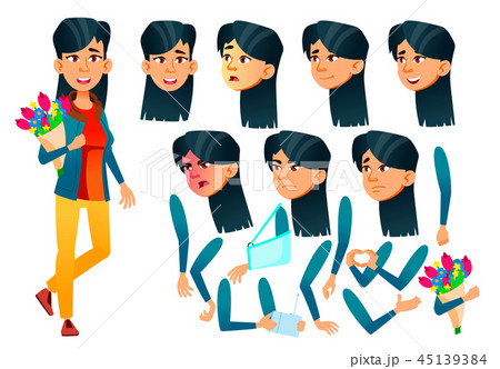 Asian Teen Girl Vector. Teenager. Activity, Beautiful. Face Emotions, Various Gestures. Animation 45139384