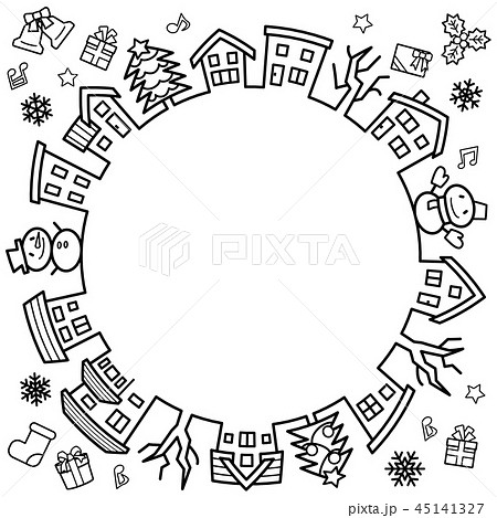 デフォルメした家と木のサークル(線画のみ)クリスマスバージョン 45141327