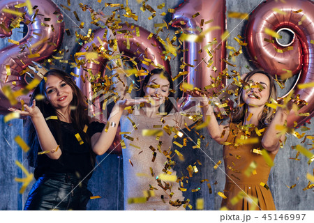 Group of girls having fun. New year party. Young women celebrating. Christmas. 45146997
