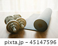 Pair of dumbbells with blue yoga mat on wood floor 45147596