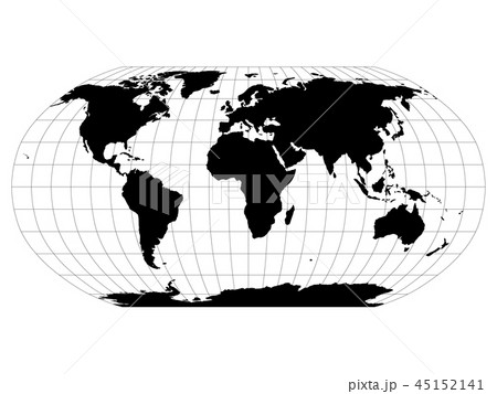World Map in Robinson Projection with meridians and parallels grid. Black land with black outline World Map in Robinson Projection with meridians and parallels grid. Black land with black outline 45152141