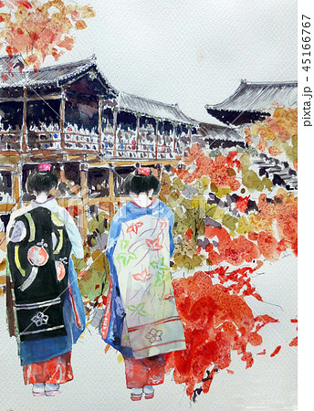 東福寺 スケッチ 秋 京都の秋 紅葉 舞妓さんのイラスト素材