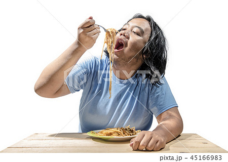 Asian fat man eating fast food spaghetti 45166983
