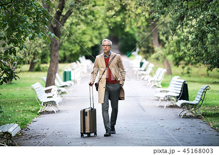 Mature businessman with suitcase walking in a park in a city. 45168003