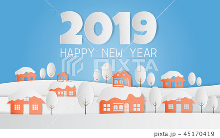 2019 with village in winter snow forest 2019 with village in winter snow forest 45170419