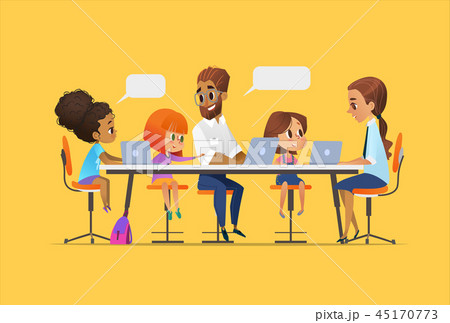 Happy children, tutor and teacher sitting at laptops and learning programming during school lesson Happy children, tutor and teacher sitting at laptops and learning programming during school lesson 45170773