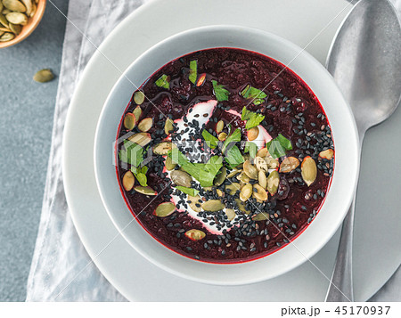 Beetroot ginger soup puree, top view 45170937