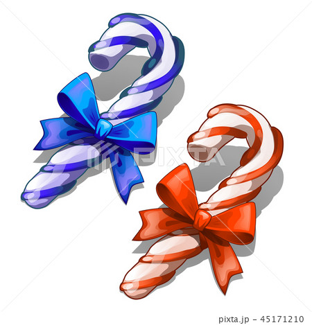 Cartoon Candy Cane With Decorative Red And Blue Ribbon Bow Isolated On White Background. Classic 45171210