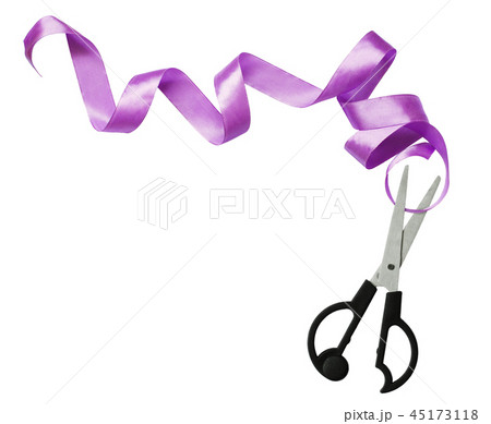 Curled violet silk ribbon and scissors Curled violet silk ribbon and scissors 45173118