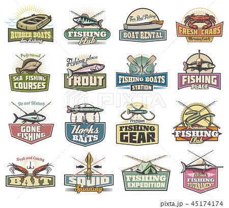 Fishery icons, fishing sport items and fish 45174174