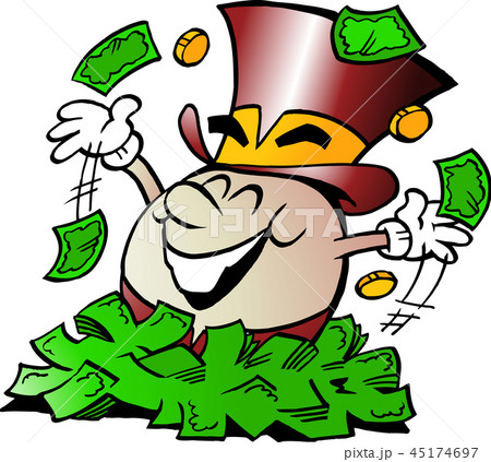 Golden Egg Mascot sitting in a big pile of Money Golden Egg Mascot sitting in a big pile of Money 45174697