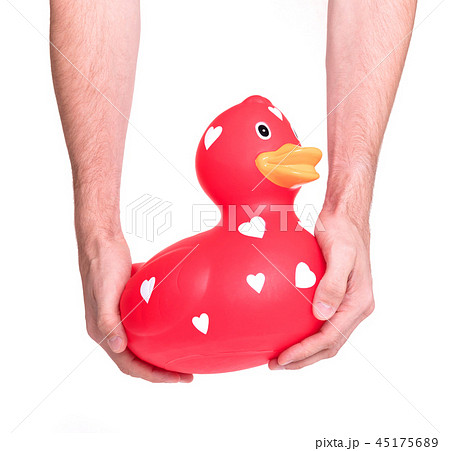 Hands holding large red rubber duck Hands holding large red rubber duck 45175689