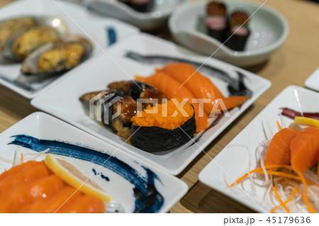 salmon sashimi and sushi, japanese food 45179636