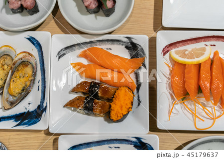 salmon sashimi and sushi, japanese food salmon sashimi and sushi, japanese food 45179637