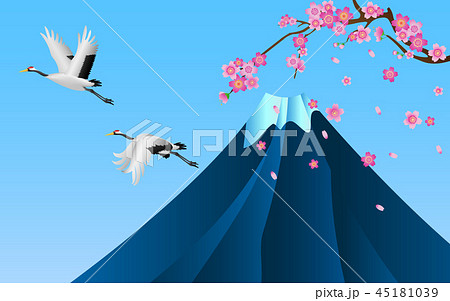 Japanese cranes flying over Fuji mountain 45181039