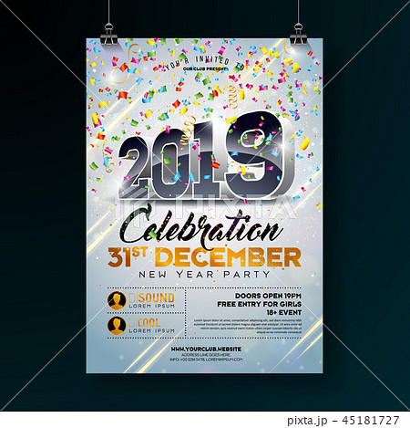 New Year Party Celebration Poster Template illustration with 3d 2019 Number and Falling Colorful 45181727