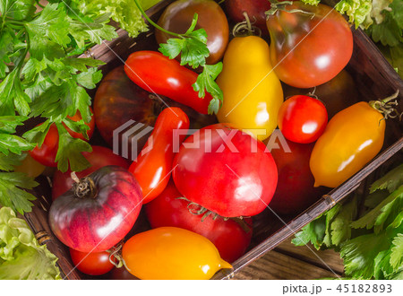 Many tomato breeds and fragrant herb in a basket 45182893