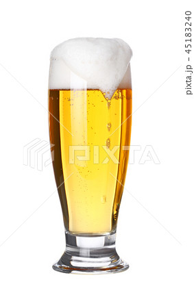 Close up one frothy beer glass isolated on white 45183240
