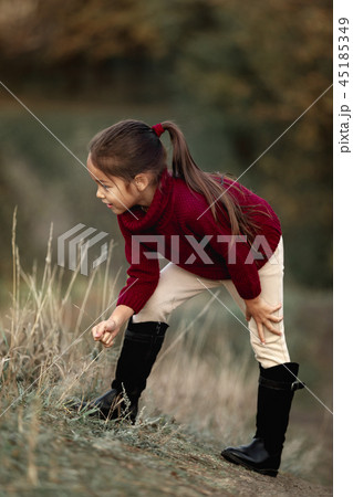 little girl playing with autumn fallen leaves little girl playing with autumn fallen leaves 45185349