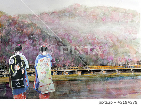 嵐山 スケッチ 京都観光 春 舞妓さん 渡月橋 舞妓さんのイラスト素材