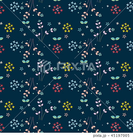 北欧風 小花と葉っぱ 紺色背景 ベースパターンのイラスト素材